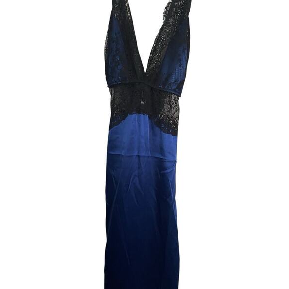 NWT Frederick's of Hollywood Blue Black Lace Satin Glossy Slit Maxi Gown Size M - Picture 1 of 6